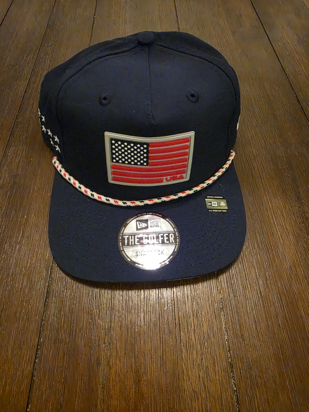 New Era Navy Snapback Golf Hat with American Flag Patch and Rope Trim